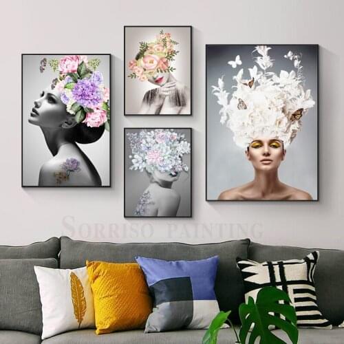 Modern Girls With Flowers On Head Canvas Painting Nordic Hallway Wall Art Posters Prints Pictures Living Room Home Dining Decor