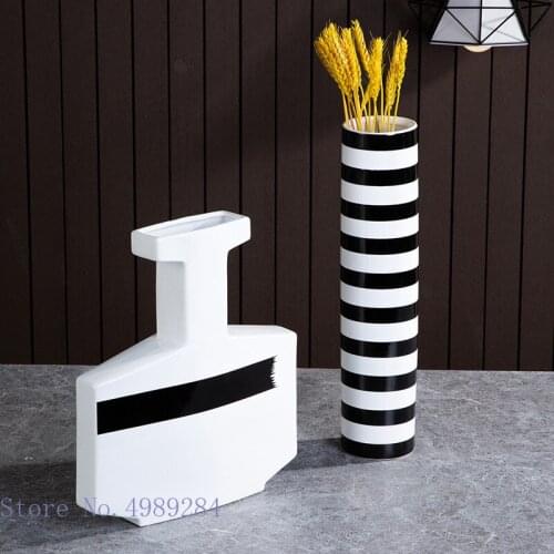 Ceramic Vase Black Geometric Stripes Flower Arrangement Hydroponics Fruit Dish Storage Organization Flower Vase Home Decoration