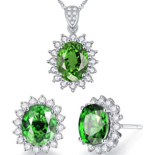 Emerald gemstone green crystal ring necklace earrings set for women princess party jewelry set silver color diamond bijoux bague