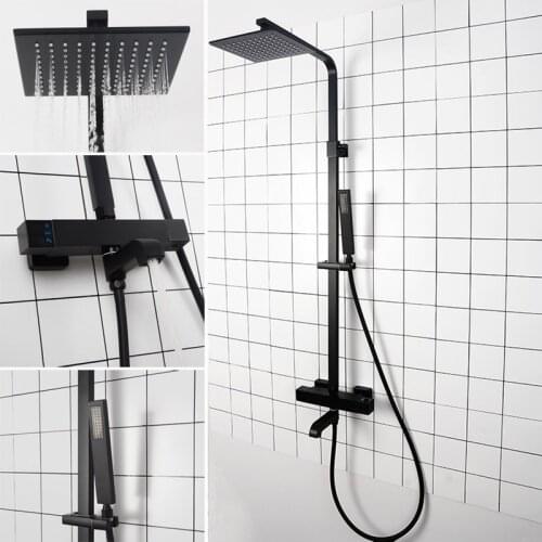 Brass Matte Black Square Rain Shower Set Bathroom Thermostatic Shower Faucet Wall Mounted Cold And Hot Water Mixer Shower