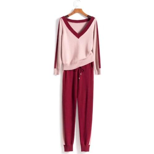 2020 Drawstring Hot Sale Womens Cashmere Knit Two-piece Fashion V-neck Color Matching Pullover And Pants 2 Piece Set Women