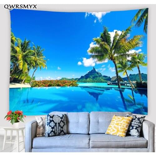 Maldives Landscape Blue Ocean Coconut Tree Tapestry Aesthetic Scenery Wall Hanging Home Decor Wall Tapestries Art Adornment