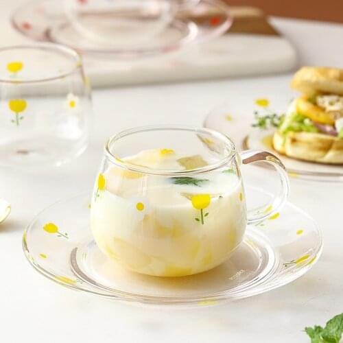 Cute Girly Glass Cup Transparent Flower Glass Milk Cup Breakfast Dessert Plate Cartoon Water Cup And Dish Coffee Teacup Mug