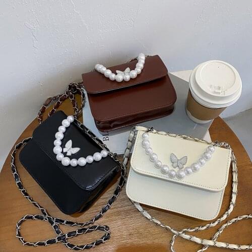 Fashion Solid Color PU Shoulder Bags Women Pearl Butterfly Handbags Totes Female Casual Travel Crossbody Handbags