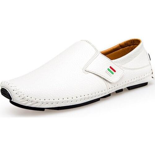 Leather Men Moccasins Soft Casual Loafers handmade Leisure shoes Breathable Slip-On flats Comfortable for drive white