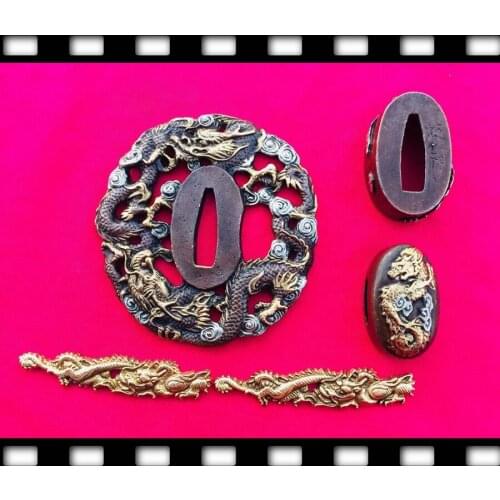A Set Dragon Theme Brass Fittings For Japanese katana WAKIZASHI Sword Accessories DIY TSUBA+FUCHI+KASHIRA+MENUKI