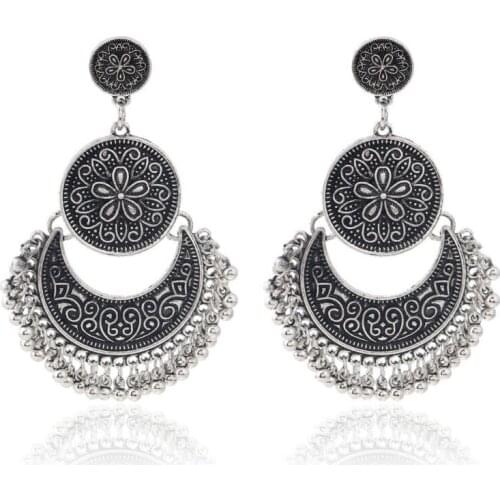 New Retro Womens Bohemian Beaded Pendant Earrings For Women Vintage Flower Emboss Big Long Statement Earrings Brincos