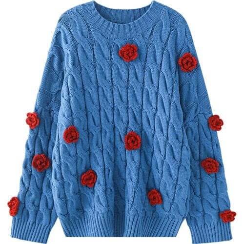 Autumn Winter Rose Handmade Crochet Thickened Twisted Flower Sweater Womens Lazy Style Pullover Top