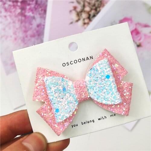 1PCS Lovely Leather Glitter 2.6 Inch Bow Elastic Hair Bands Hairpins Pink Clips Party Barrettes Hair Accessories For Baby Girls