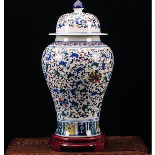 Clear Underglaze Blue Red Ceramic Porcelain Ginger Jars Temple Jars With Flower Design