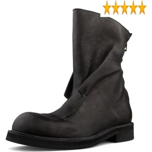Leather Luxury Men Horse Genuine Vintage Gothic Mid Calf Military Boots Man High Top Biker Riding Safety Shoes Plus Size