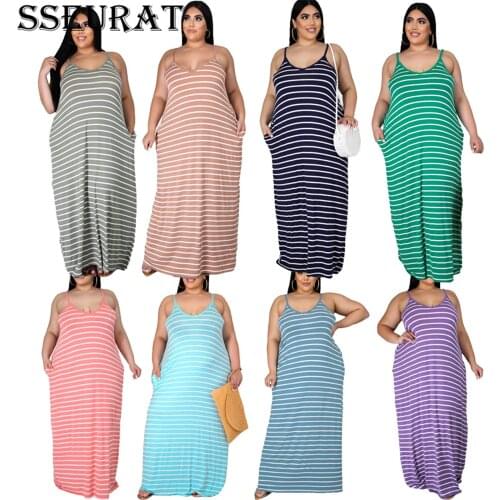 SSEURAT Women Plus Size Dress Striped Strap V-neck Loose Midi Dresses Casual Vestidos Summer Outfits Fashion 2021