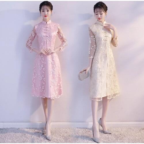 Chinese Traditional Lady Middle Sleeve Cheongsam Dress Flower Lace Ancient Qipao Dresses Vintage Women Oriental Evening Dress 90