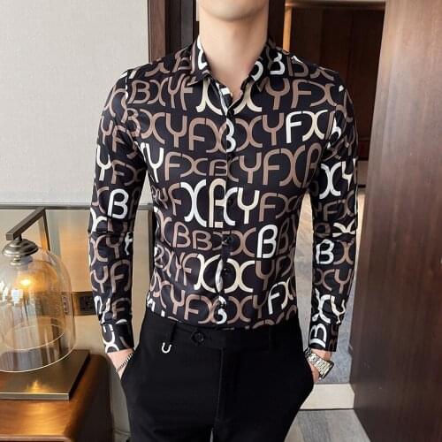 Vintage Letter Print Mens Shirt long sleeve slim Casual Shirt 2021 spring summer Social Party Streetwear Business male clothing