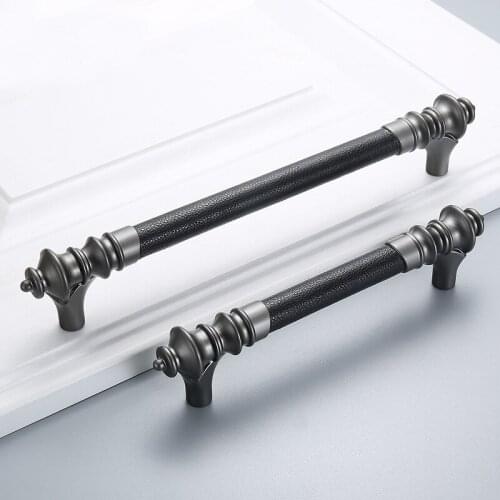 High Quality Zinc Alloy Black Kitchen Cabinet Handles Cupboard Door Pulls Drawer Knobs Furniture Leather Handle Hardware