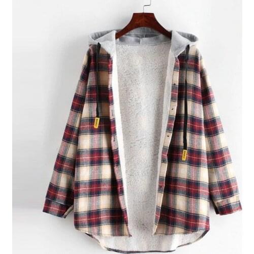 Winter ladies polyester женская куртка casual plaid plush hooded sweater warm jacket jacket simple long-sleeved plaid F04