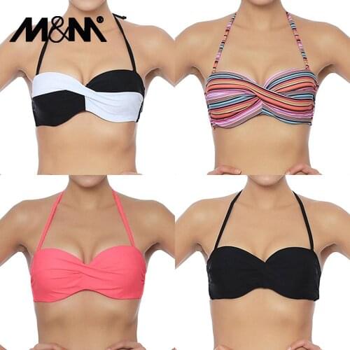 M&M Women Sexy Micro Bikini Top Halter Swimwear Brazilian Biquini Cross Ruched Bra Push Up Bathing Suit Solid Swimsuit T607