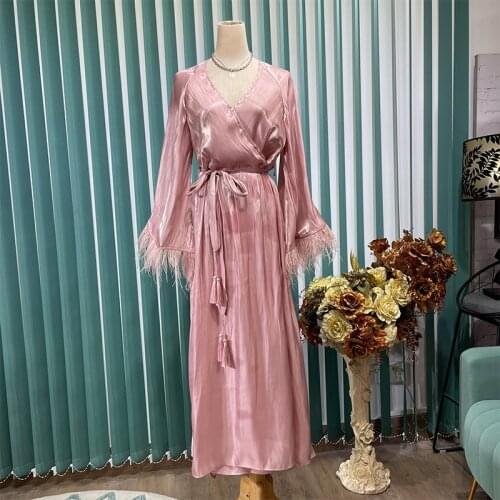 Casual Pink Patchwork Feathers Lace Up Tassels Long Dress Females V Neck Long Sleeve High Waist Maxi Dresses For Women