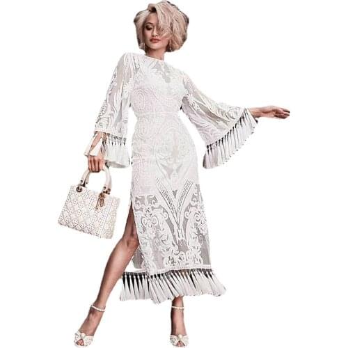 2021 New Womens Summer Good Quality Hot-Selling Fashion Exquisite Embroidery Tassel Lace Round Neck Long Dress