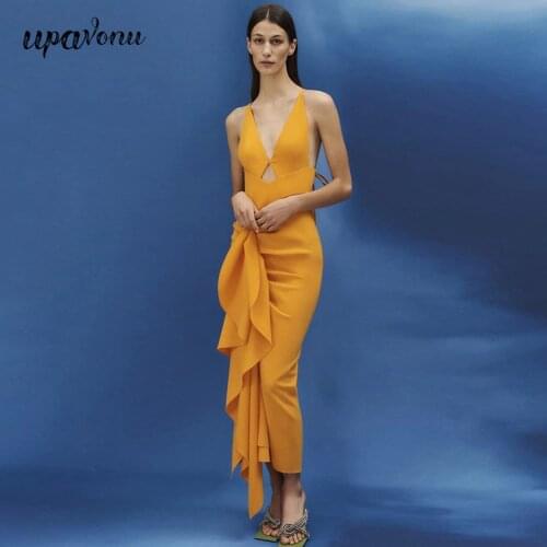 Free Shipping 2021 Womens Summer Midi Dress Sexy Spaghetti Strap V-neck Halter Lace-up Draped Dress Club Evening Party Vestidos