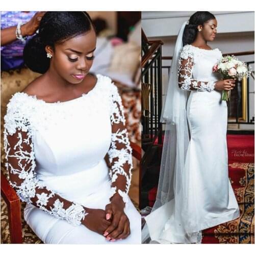 Long Sleeves Mermaid Wedding Dresses Lace Applique Scoop Neck Pearls Beaded Custom Made African Wedding Gown Vestido de novia