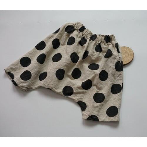 Korean Style 2020 New Summer Unisex Kids Polka Dots Printed Calf-length Trousers Loose Cotton Linen Children Cross-pants