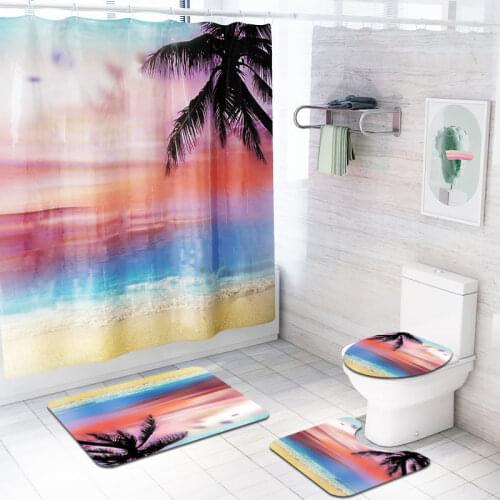 4pcs/set Multicolor Beach Dusk Shower Curtain Pedestal Rug Lid Toilet Cover Mat Bath Mat Set Bathroom Curtains with 12 Hooks
