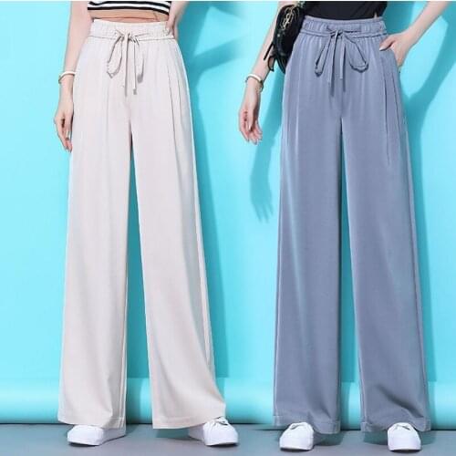 Ice Silk Wide Leg Pants Drooping Off White Korean Fashion Thin Summer Clothing Loose Trousers Female Girdle High Waist Casual