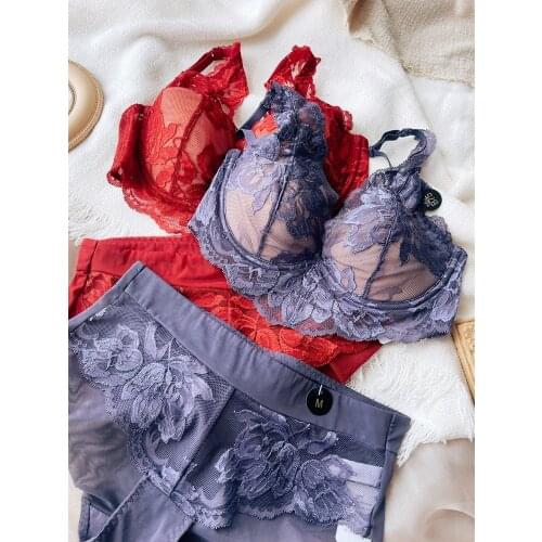 Wriufred Bra Sexy Lace Gathering Thin Underwear Set Soft Steel Ring Upper Support Deep V Large Size Mid-Waist Panties Red