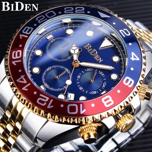 BIDEN Bule Red Men Quartz Watch Stainless Steel Waterproof Miliatry Sport Chronograph Wrist Watch Top Brand Luxury Date Clock