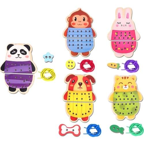Kids Montessori Wooden Animal Cartoon Threading Lacing Change Clothes Intelligence Developmental Toy Eye-hand Coordination Game
