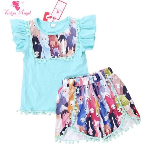Kaiya Angel Kids Clothes Colorful Cartoon Horse Children Clothing Sets Mint Fly Sleeve Tee Shirts Shorts Kids Clothing For Sale