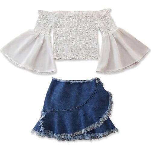 1-6Y Toddler Baby Girls Clothes Sets Off Shoulder Flare Long Sleeve T Shirts Tops+Denim A-Line Skirts 2pcs
