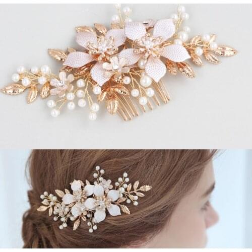 SLBRIDAL Handmade Wired Rhinestones Crystals Pearls Flower Leaf Wedding Hair Comb Bridal Headpiece Hair Accessories Bridesmaids