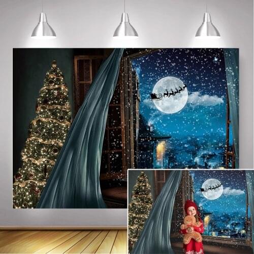 Window Christmas Family Portrait Photography Background Village Winter Dreamy Starry Sky Christmas Trees Backdrop Photo Shoot