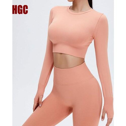 HGC Seamless Yoga Blouse Women Long Sleeve Gym Crop Top High Elastic Quick Dry Round Neck Exercise Push-up Sexy Sports Shirts