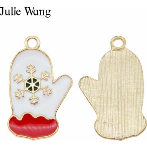 Julie Wang 10pcs Enamel Christmas Gloves Charms Snowflake Gold Tone Pendant Necklace Jewelry Making Accessory Festival Decor