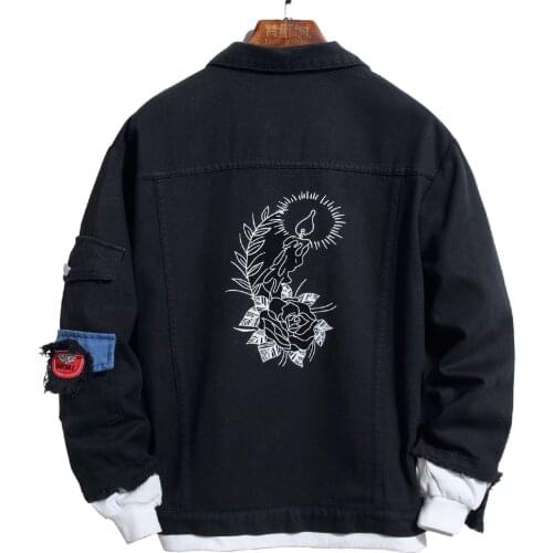 Mens Flower Print Black Denim Jacket Fashion Bird Embroidery Patchwork Jean Coat Outwear