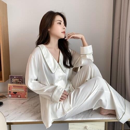 2021 New Ice Silk Pajamas Womens Spring Autumn Couple Nightwear Long Sleeve Suit Elegant Retro Home Clothes Female Sleepwear