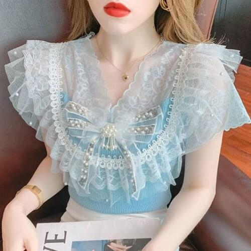 2021 summer new style knitted stitching beaded short-sleeved bow-knot ruffled fashion western-style small shirt blouse women