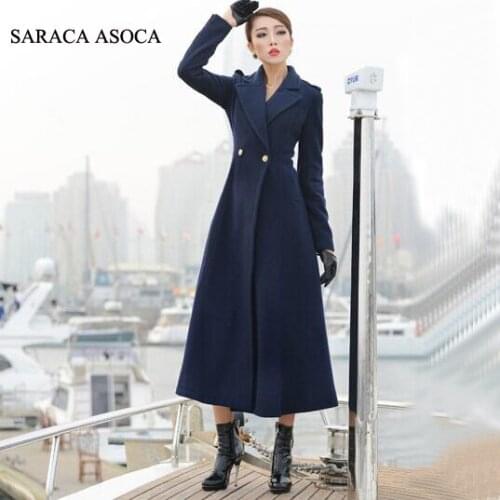 New Style Fashion Long Winter Coat Womens Turn-down Collar Slim Double Breasted black Jackets Ladies