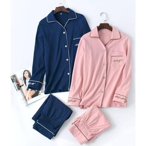 New Style Spring And Autumn Couples Pure Cotton Pajamas Solid Color Embroidered Long Sleeve Pajamas Knitted Cotton And Wool