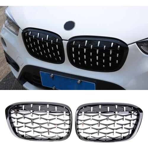 A Pair Diamond Grille Racing Grills Decoration For BMW X1 F48 2014 2015 2016 2017 2018 2019 Front Kidney Grill Car Accessories