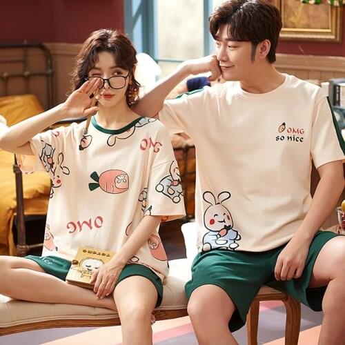 Couple Pajamas Set Cotton Womens Summer Green O-Neck Short Sleeve Home Suit Funny Cartoon Sleepwear Plus Size Male Nightwear