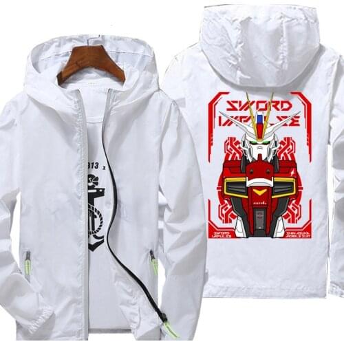 Anime Gundam print Casual Jacket reflective zipper Windbreaker waterproof Jackets men street Hooded thin Coats
