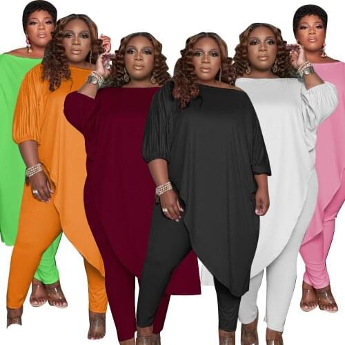 Casual Two Piece Sets Women Pure Color Plus Size L-5XL Slash Neck Loose T-shirts + Skinny Sport Pants Autumn Ladys Outfits