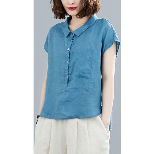 Cotton linen women shirts 2020 summer new turn-down collar short-sleeved loose solid blue female shirts outwear coat tops