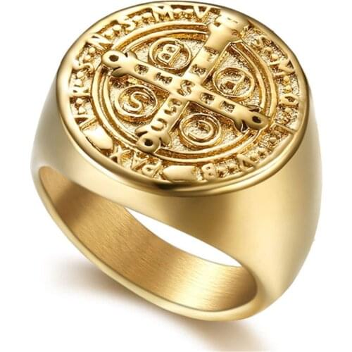 Saint Benedict Cspb Ring Gold Color Religion Cross Men Rings Punk For Men Stainless Steel Prayer Jewelry Creativity Dropshipping