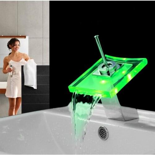 Bathroom sink basin faucet LED waterfall, Brass wash basin faucet mixer pull out, Copper single holder faucet glass hot and cold