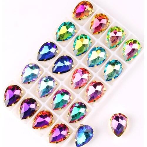 Waterdrop shape Gold claw settings Rainbow & Jelly AB glass Crystal 7*10 10*14 13*18mm Sew on rhinestone wedding dress diy trim